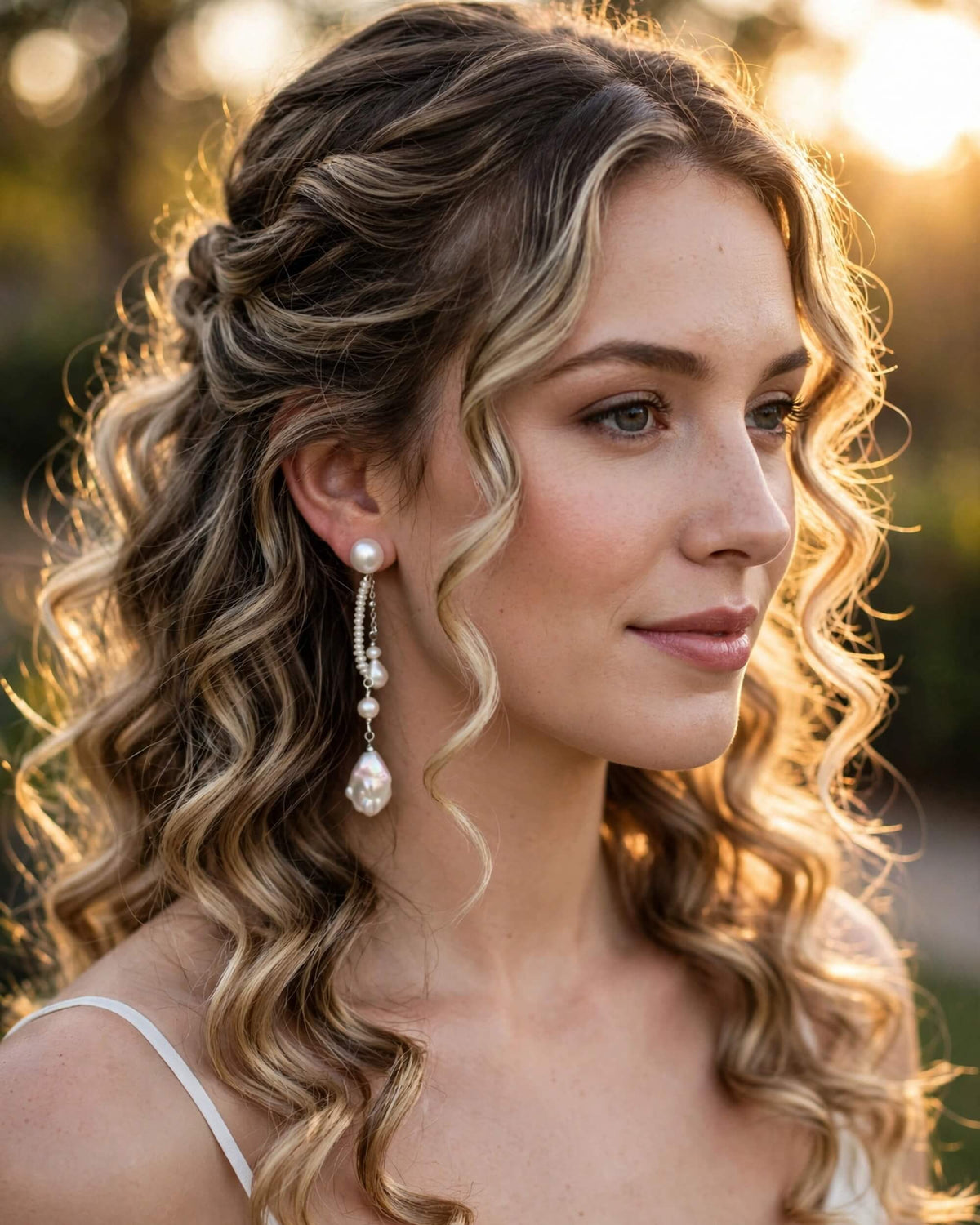 A woman with long, wavy blonde-highlighted hair wearing a dangling pearl earring with clear stones, photographed outdoors in warm golden hour light.