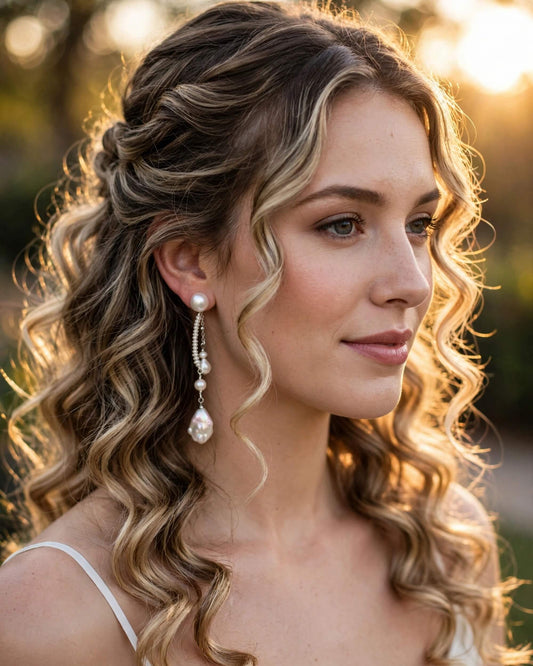 A woman with long, wavy blonde-highlighted hair wearing a dangling pearl earring with clear stones, photographed outdoors in warm golden hour light.