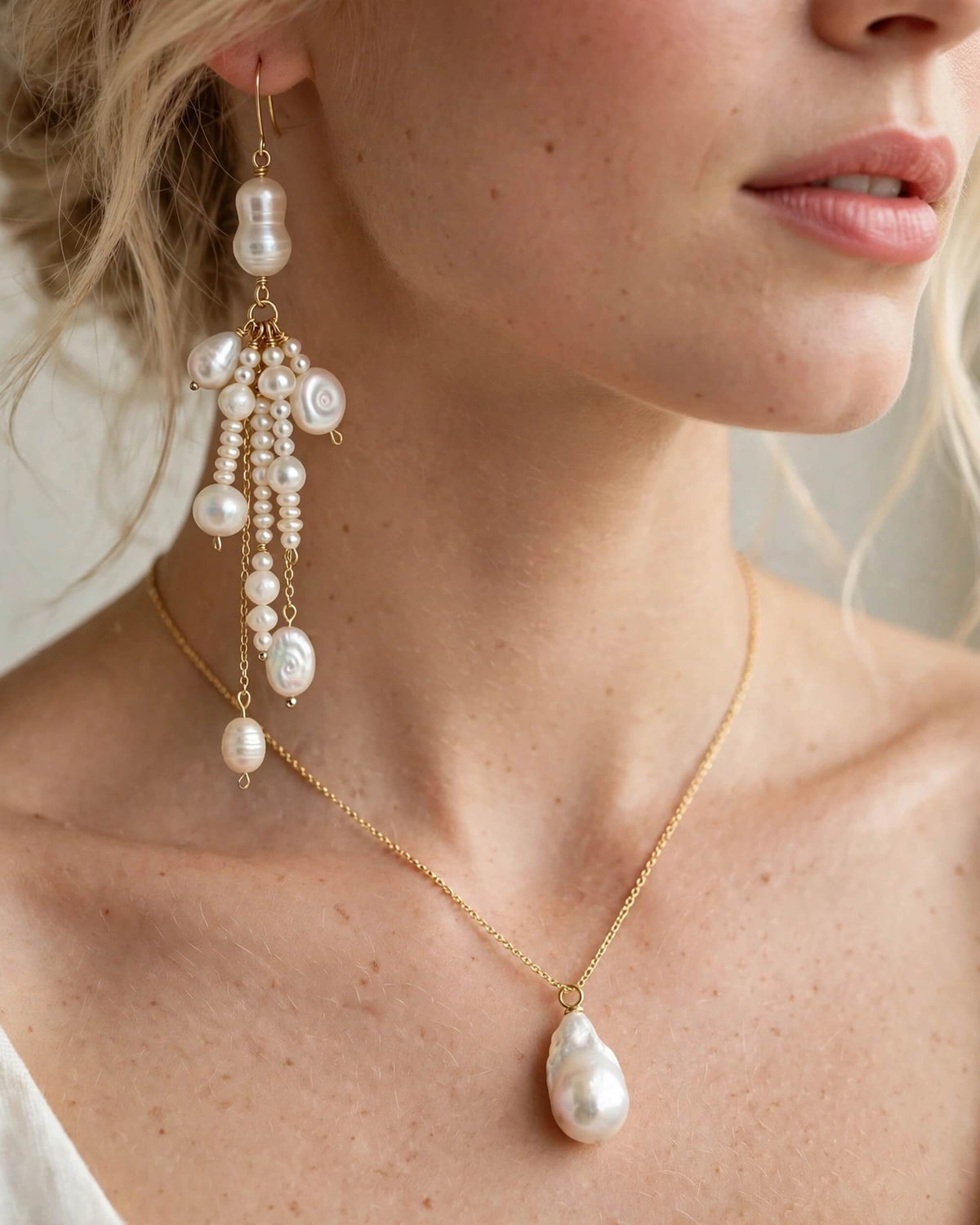 A close-up lifestyle shot of a model wearing a gold necklace with a teardrop-shaped white baroque pearl pendant and matching drop earrings.