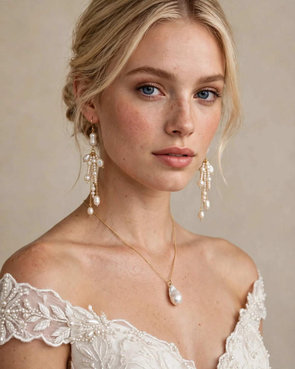 A blonde woman wearing elegant gold and pearl drop earrings and a matching pearl pendant necklace, paired with a white lace off-the-shoulder dress against a soft beige background.