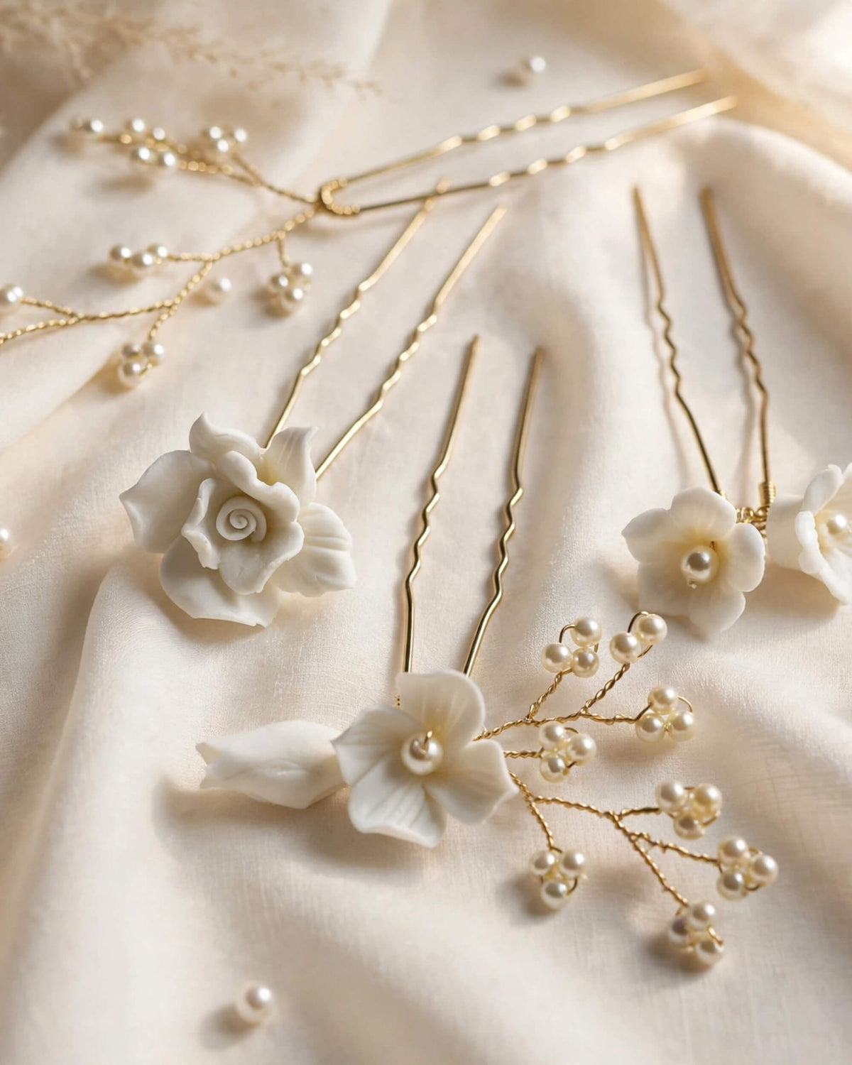 Pearl Hair Pins with Porcelain Flowers – Floral Bridal Hair Accessory