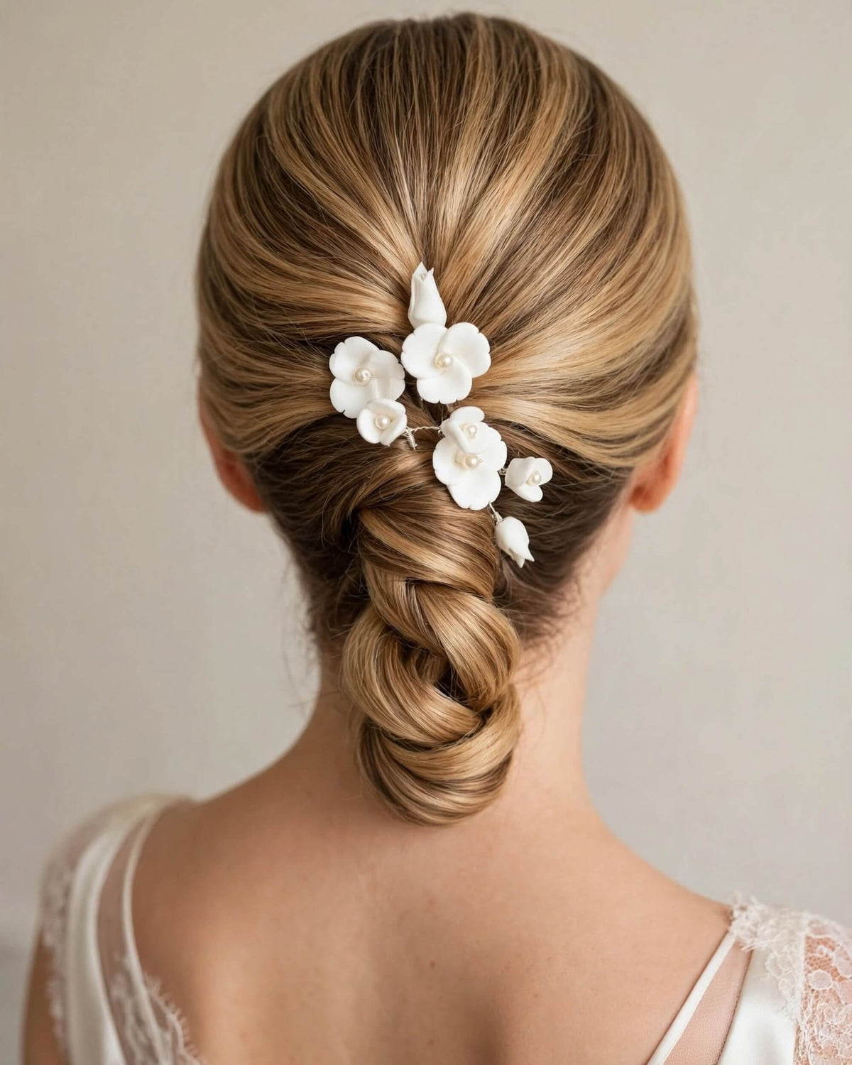 Bridal Hair Pins with Porcelain Flowers & Pearls – Minimalist Wedding Hair Accessory