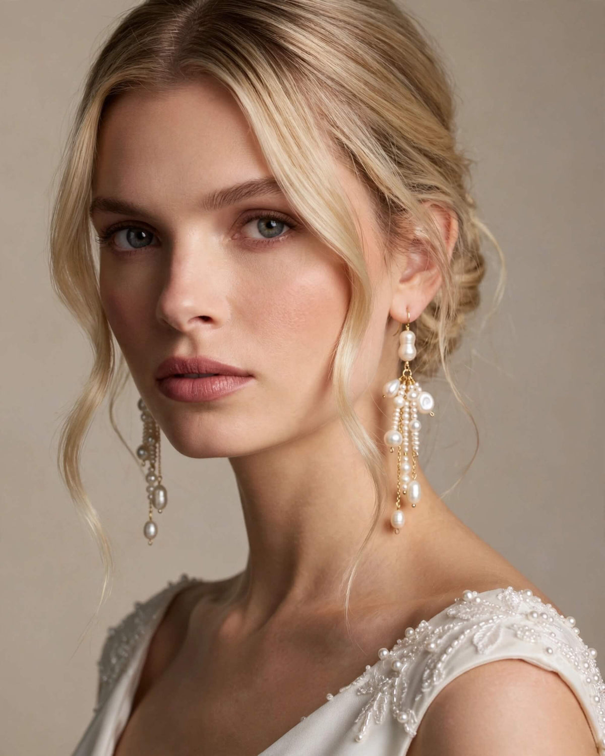 A close-up portrait of a blonde woman wearing long, dangling pearl and gold earrings with cascading bead details, paired with a white beaded top against a soft beige background.