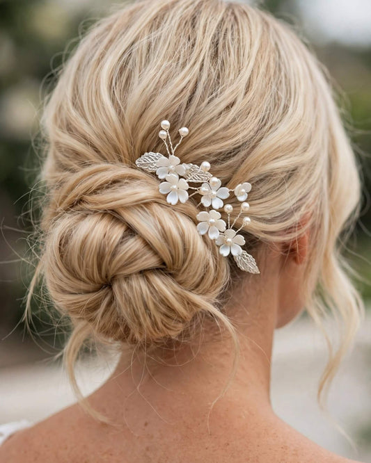 Floral Leaf Pearl Hair Pins Set – Bridal Wedding Hair Accessories