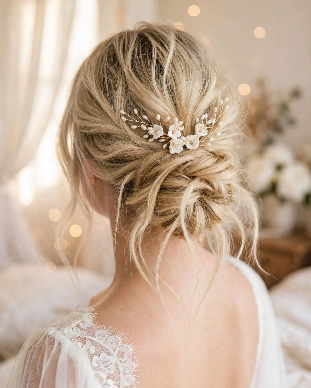 Pearl Hair Pins with Porcelain Flowers – Floral Wedding Hair Accessory