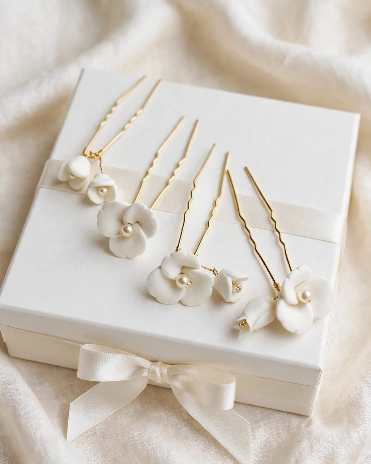 Bridal Hair Pins with Porcelain Flowers & Pearls – Minimalist Wedding Hair Accessory