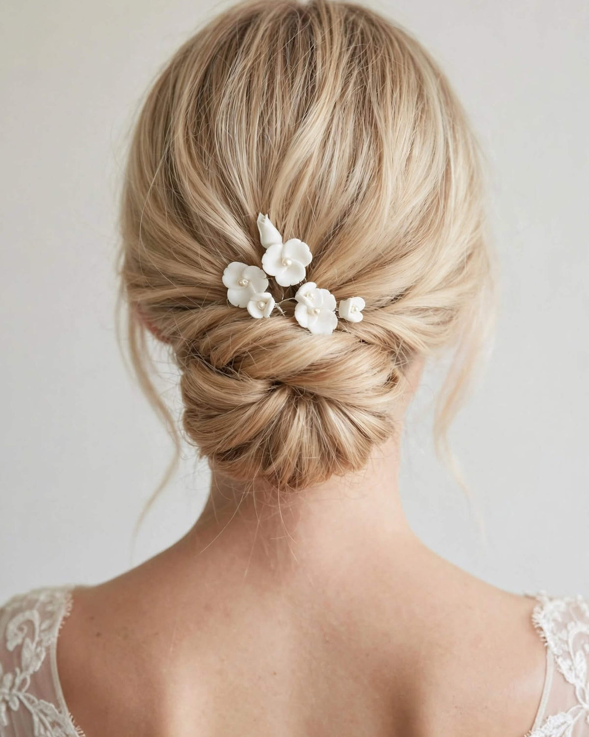 Bridal Hair Pins with Porcelain Flowers & Pearls – Minimalist Wedding Hair Accessory