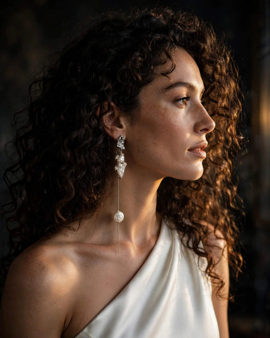 Close-up of freshwater pearl dangle earrings