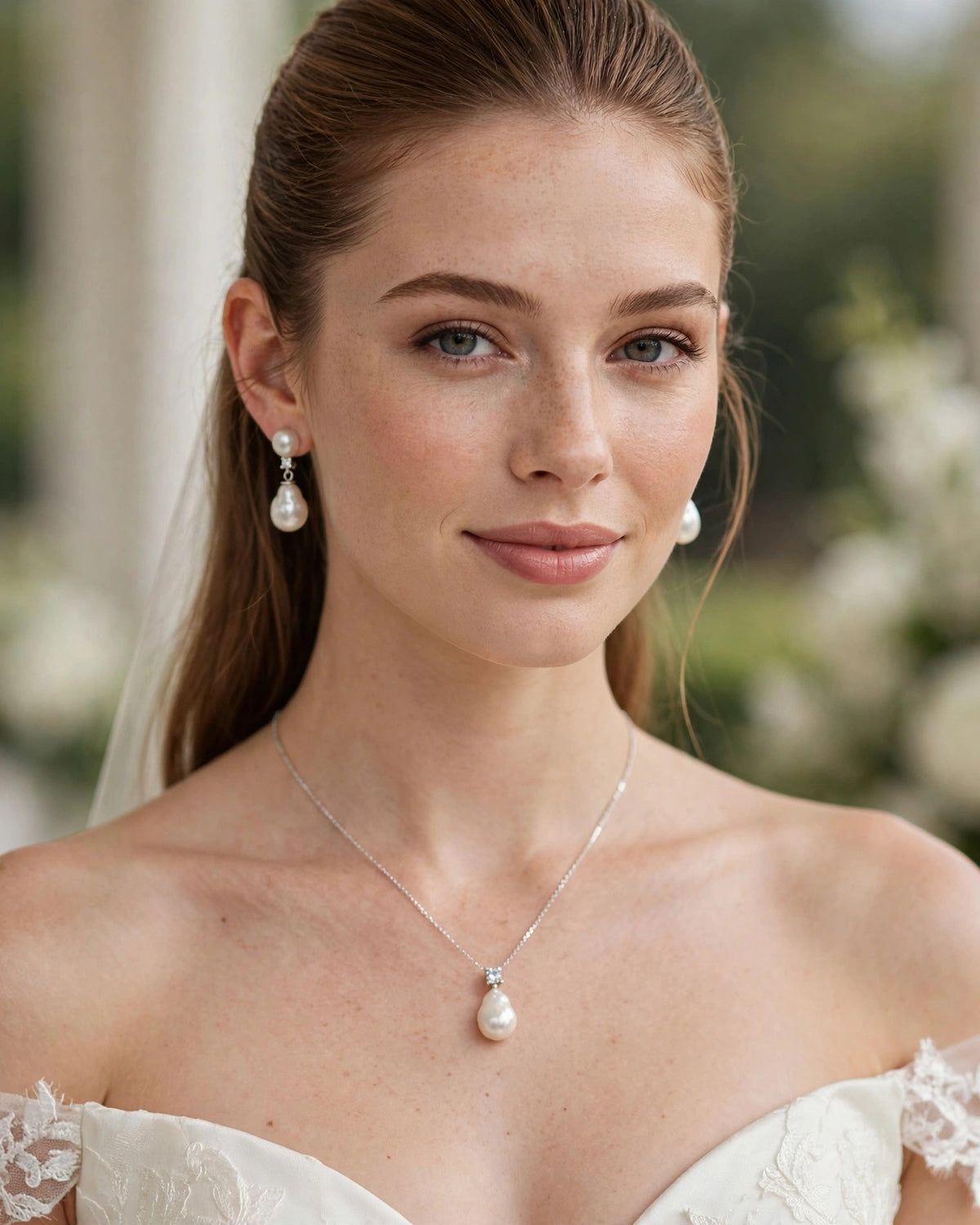 A woman wearing a delicate silver necklace with a single white pearl pendant and matching pearl drop earrings, styled with an off-the-shoulder white lace wedding dress.