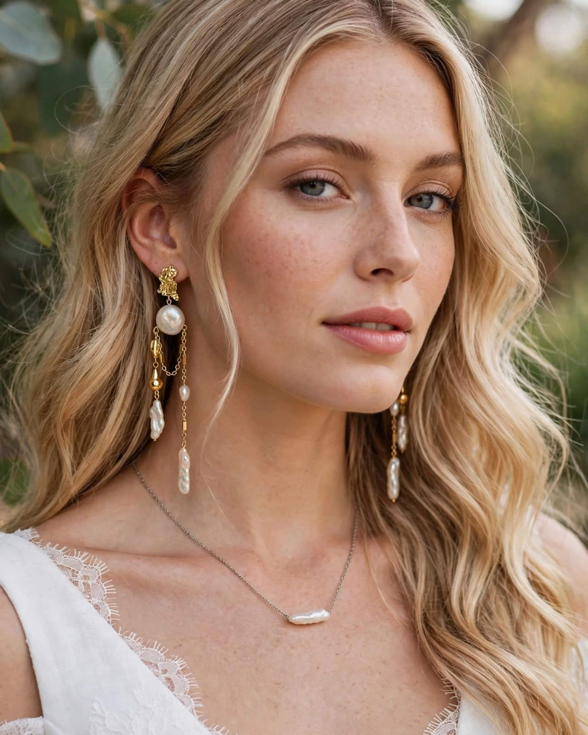 A close-up lifestyle shot of a blonde woman wearing bohemian-style gold and pearl drop earrings and a delicate silver necklace with a bar pendant, set against a soft-focus green outdoor background.