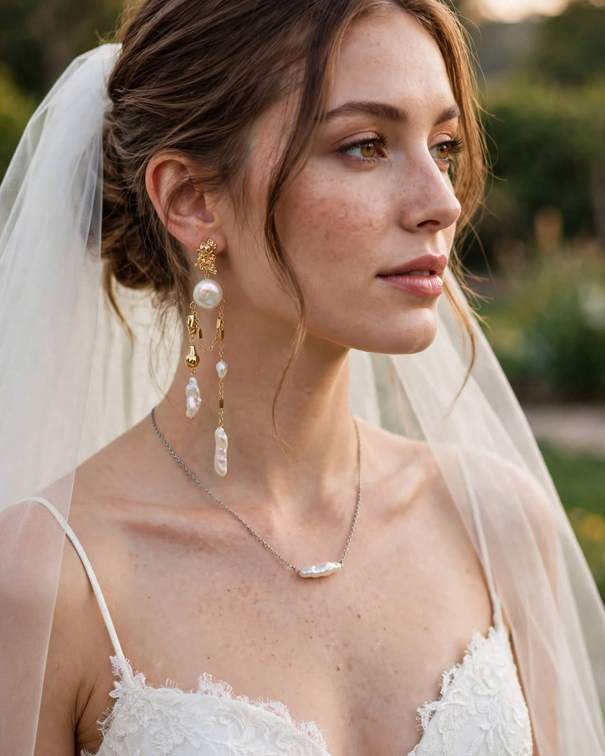 A close-up of a bride wearing elegant drop earrings with white pearls and gold accents, a delicate silver necklace, and a white lace wedding dress with a sheer veil.