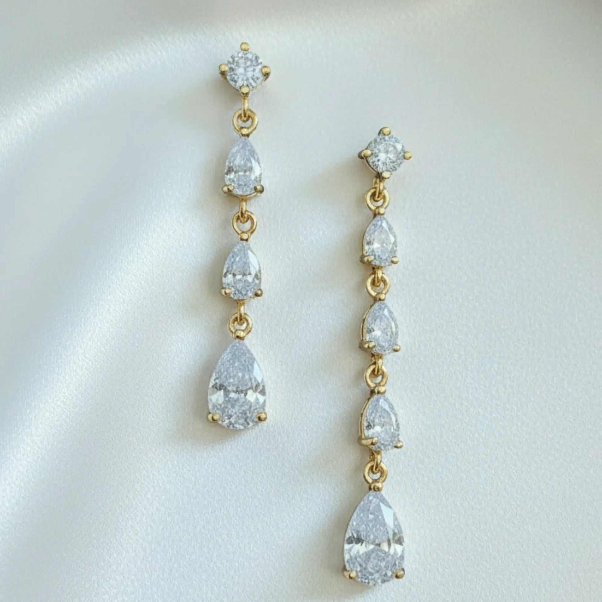 Gold‑plated bridal cascade drop earrings in a 4cm length, styled for Australian weddings.