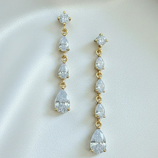 Gold‑plated bridal cascade drop earrings in a 4cm length, styled for Australian weddings.