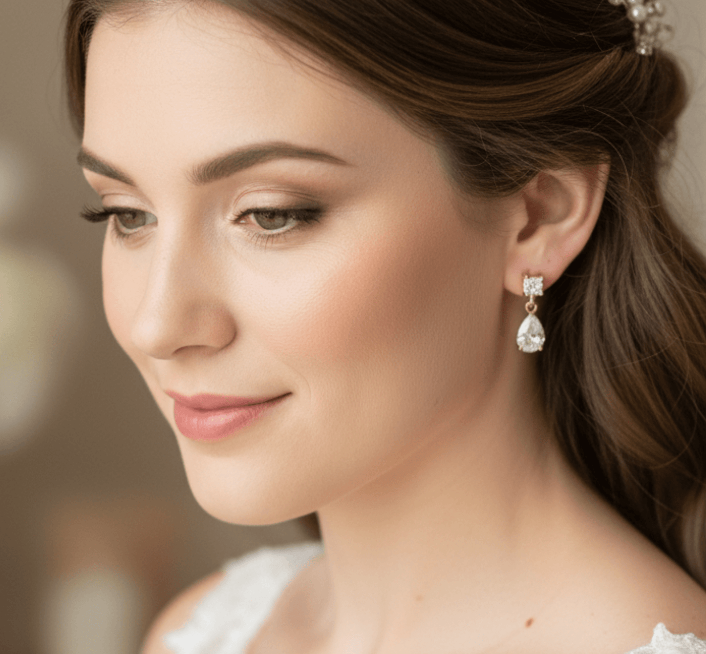 Close-up of a woman wearing elegant earrings with a blurred background
