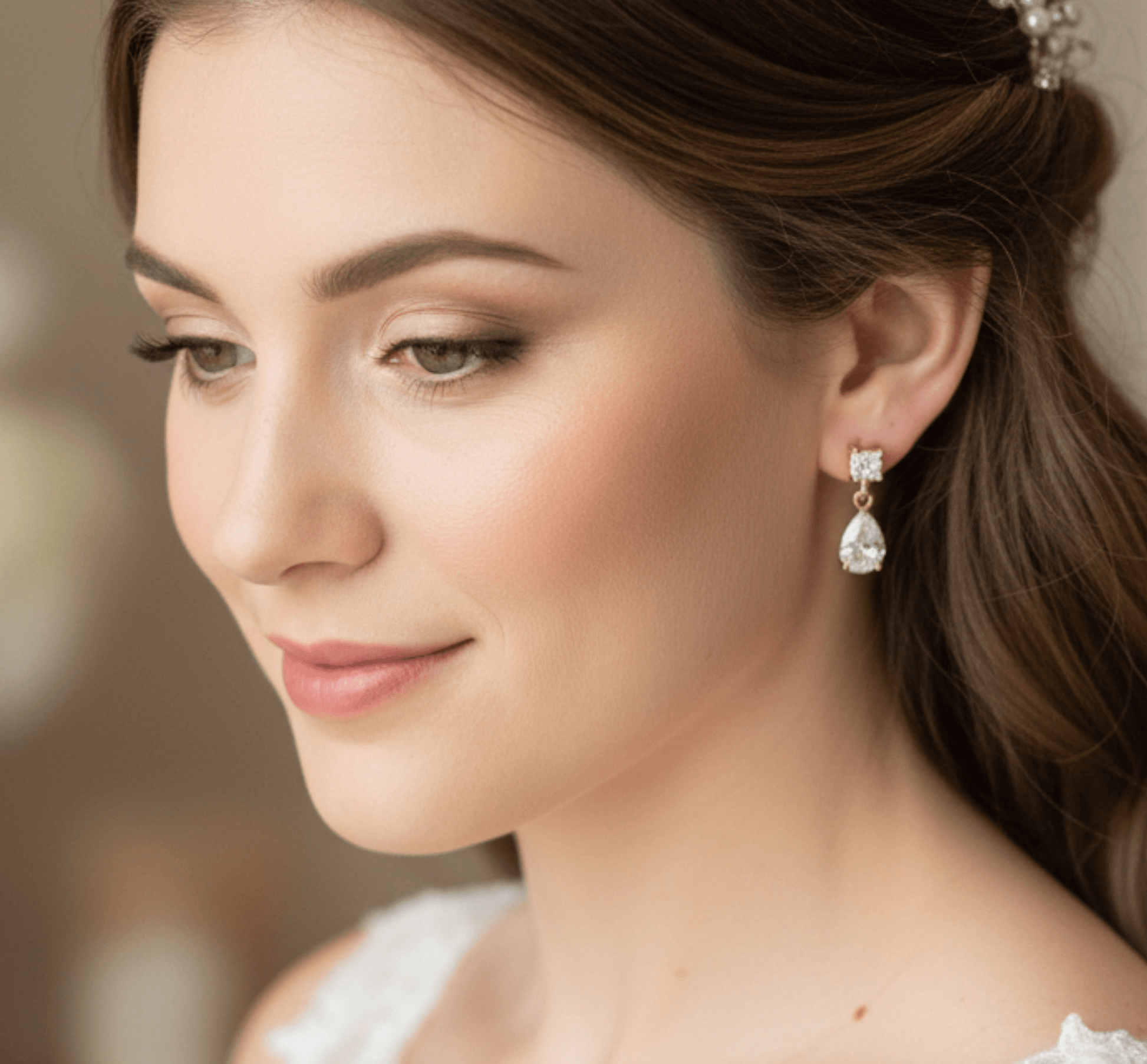 Close-up of a woman wearing elegant earrings with a blurred background