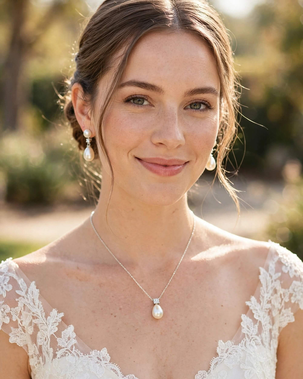 A woman outdoors wearing a delicate silver necklace with a white pearl drop pendant and matching pearl drop earrings, paired with a white lace wedding dress.