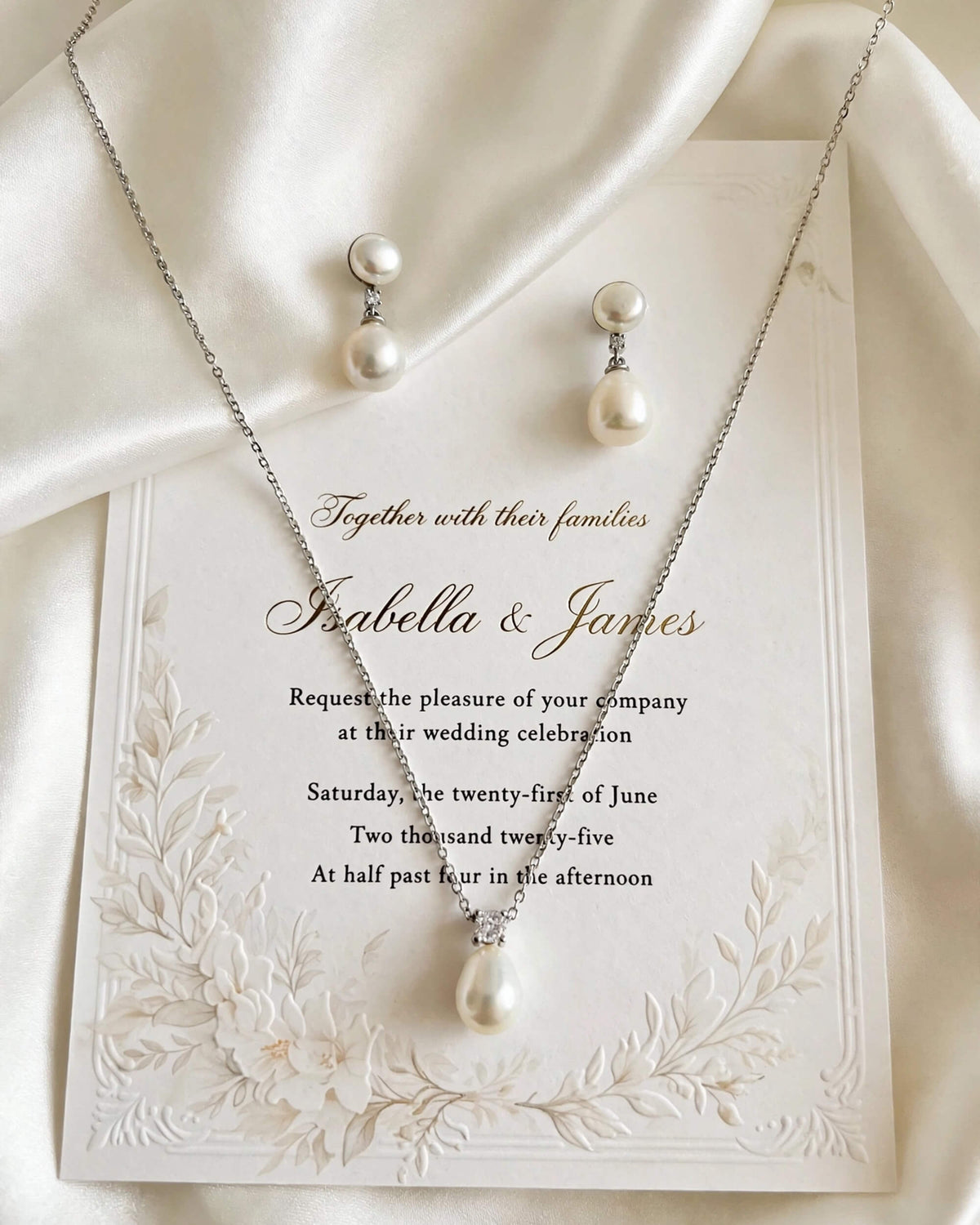 A pearl necklace and matching drop earrings displayed on a cream wedding invitation card with white satin fabric. The necklace has a silver-toned chain and bezel setting with a single round pearl pendant.