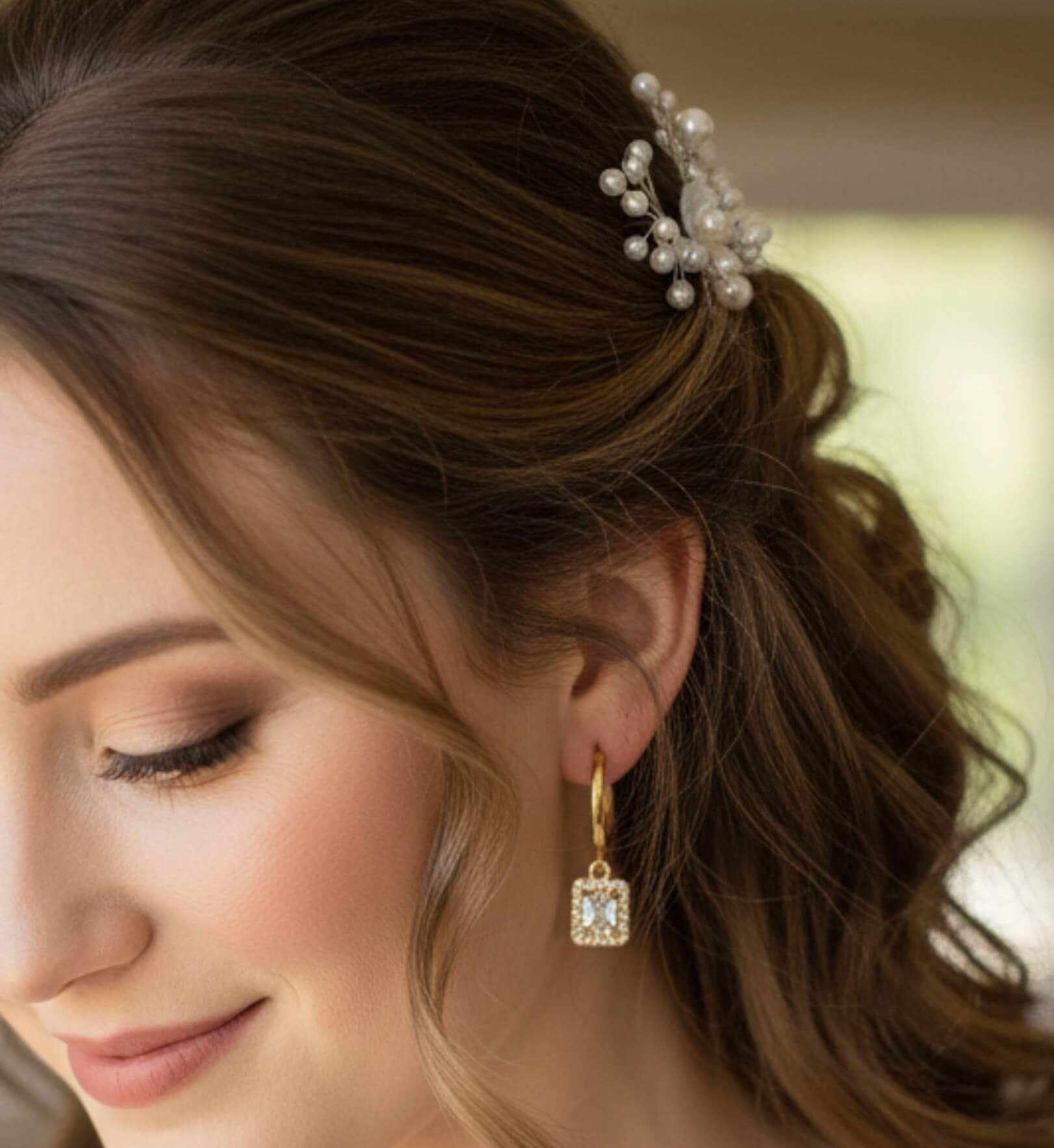 Woman wearing a pearl hairpiece and gold earrings with a blurred background