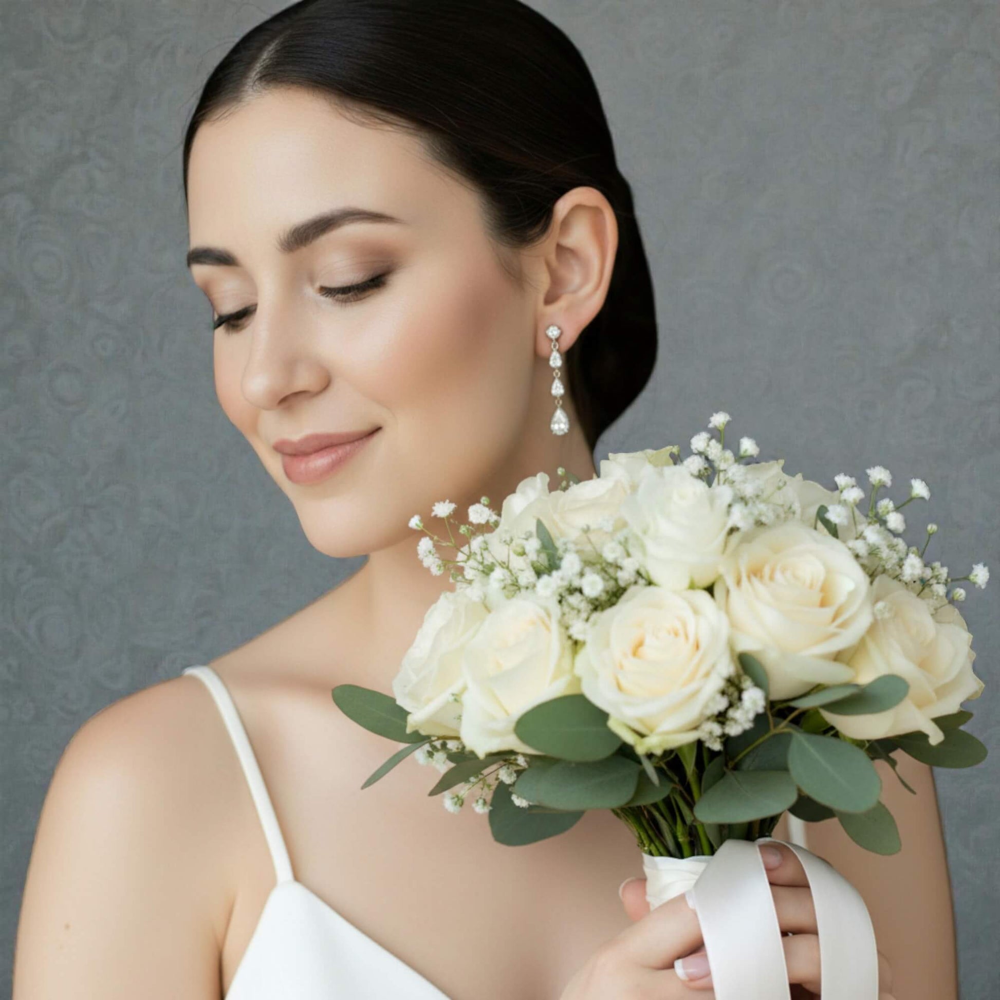 Woman holding a bouquet of white roses against a gray background