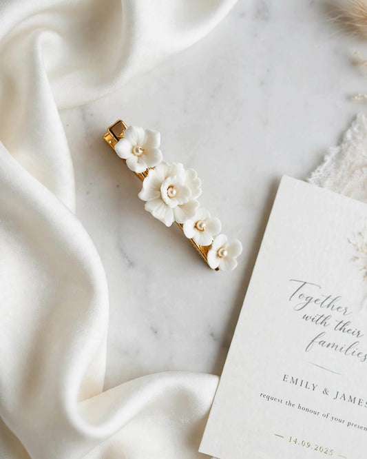 Bridal Hair Clip with Porcelain Flowers and Pearls – Elegant Gold Floral Wedding Accessory