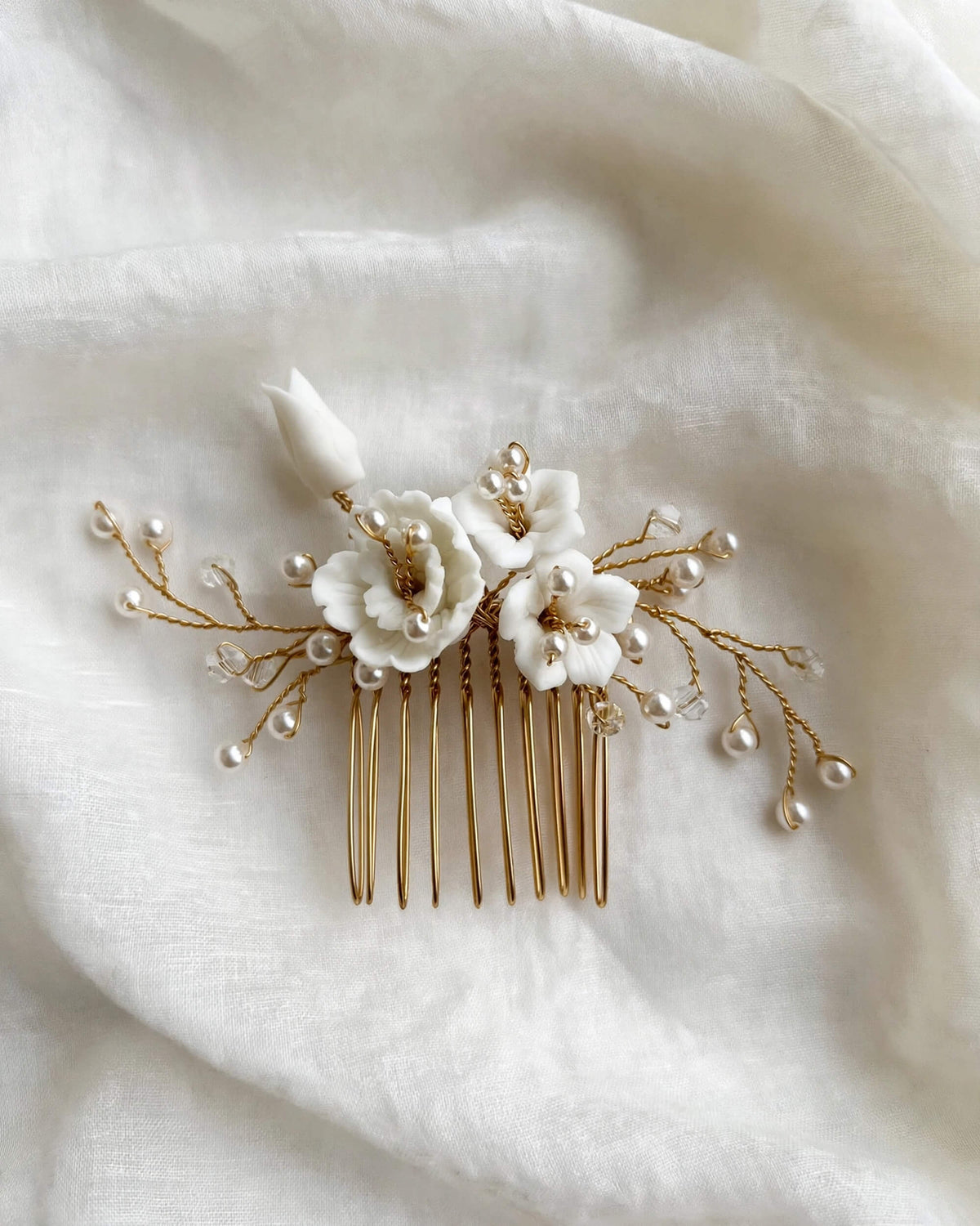 Bridal Hair Comb with Porcelain Flowers & Glass Pearls – Wedding Hair Accessory