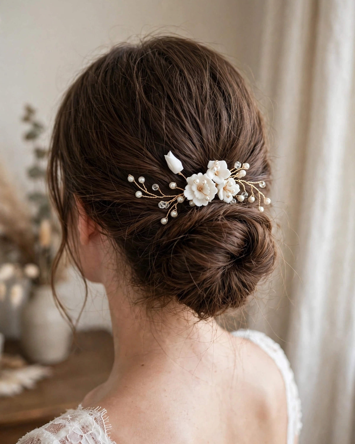 Bridal Hair Comb with Porcelain Flowers & Glass Pearls – Wedding Hair Accessory