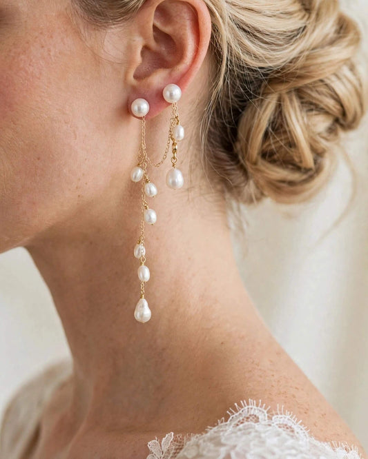 3-in-1 Pearl Bridal Wedding Earrings – Convertible Studs, Hoops & Chain