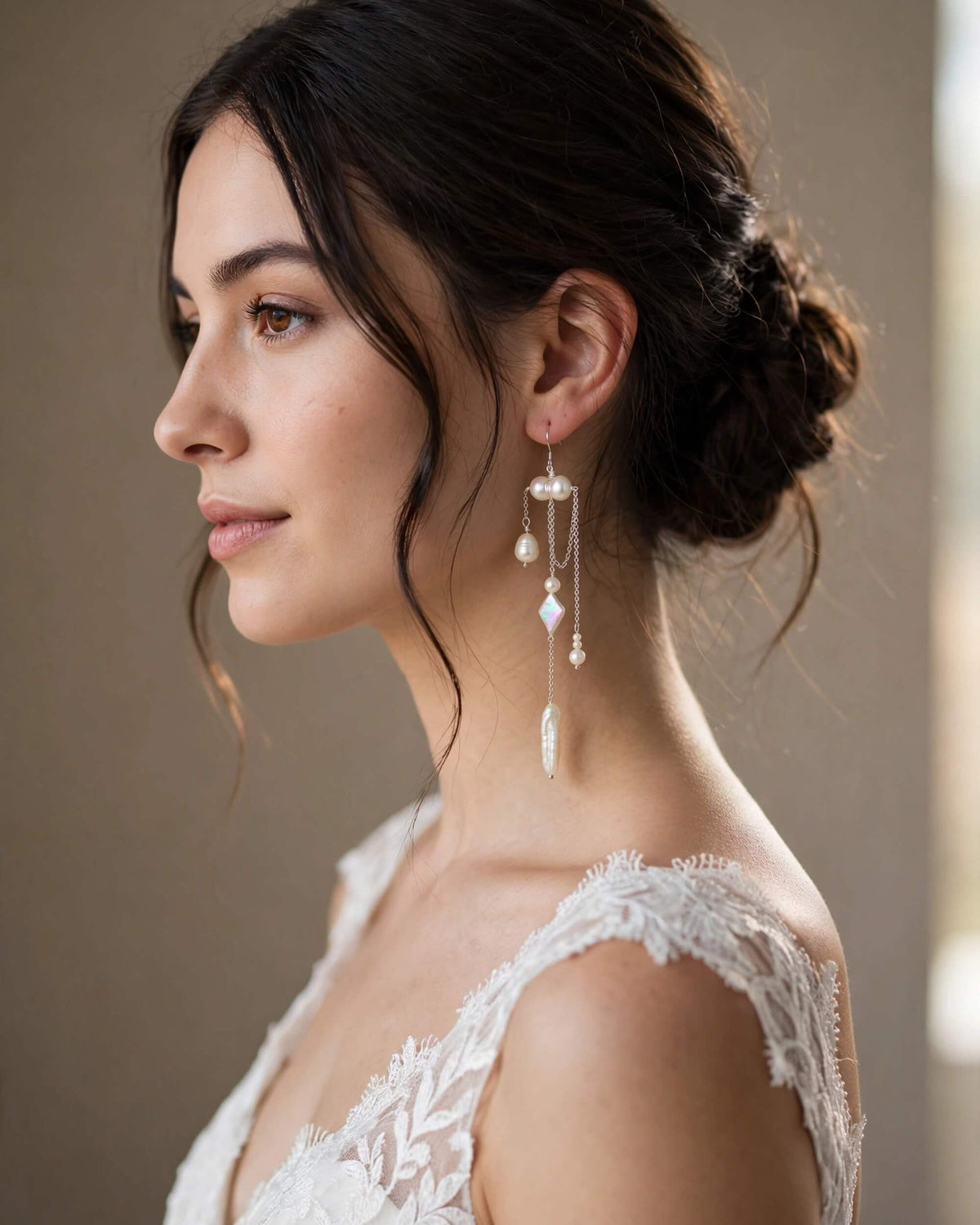 Elegant bridal styling with freshwater pearl dangle earrings