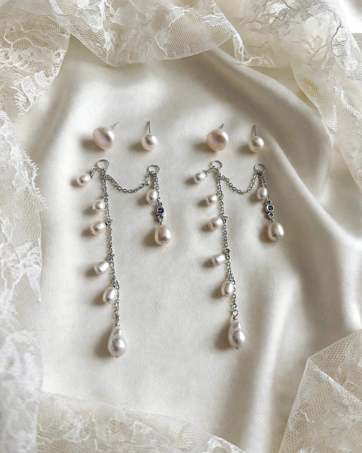 3-in-1 Pearl Bridal Wedding Earrings – Convertible Studs, Hoops & Chain