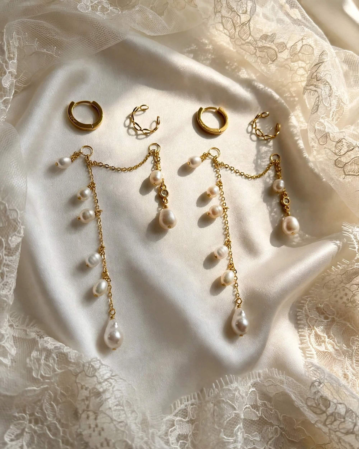 3-in-1 Pearl Bridal Wedding Earrings – Convertible Studs, Hoops & Chain