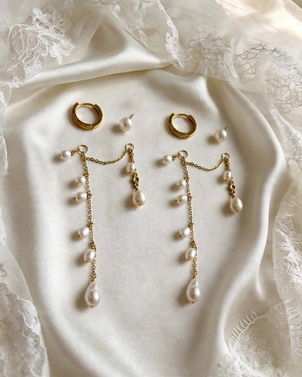 3-in-1 Pearl Bridal Wedding Earrings – Convertible Studs, Hoops & Chain