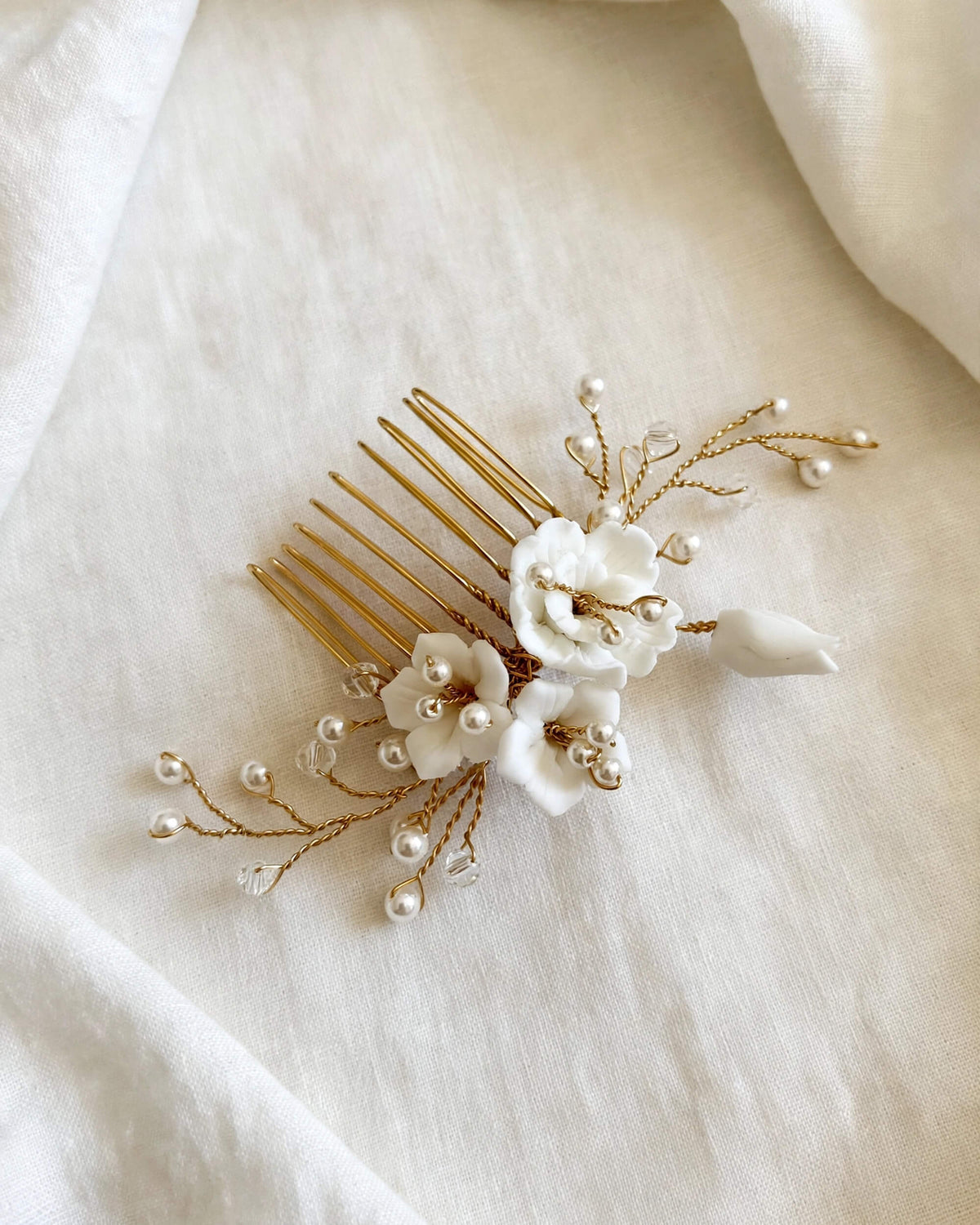 Bridal Hair Comb with Porcelain Flowers & Glass Pearls – Wedding Hair Accessory