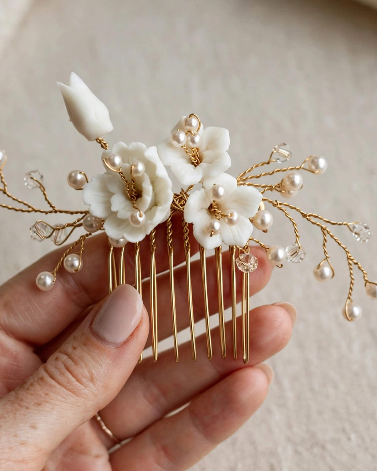 Bridal Hair Comb with Porcelain Flowers & Glass Pearls – Wedding Hair Accessory