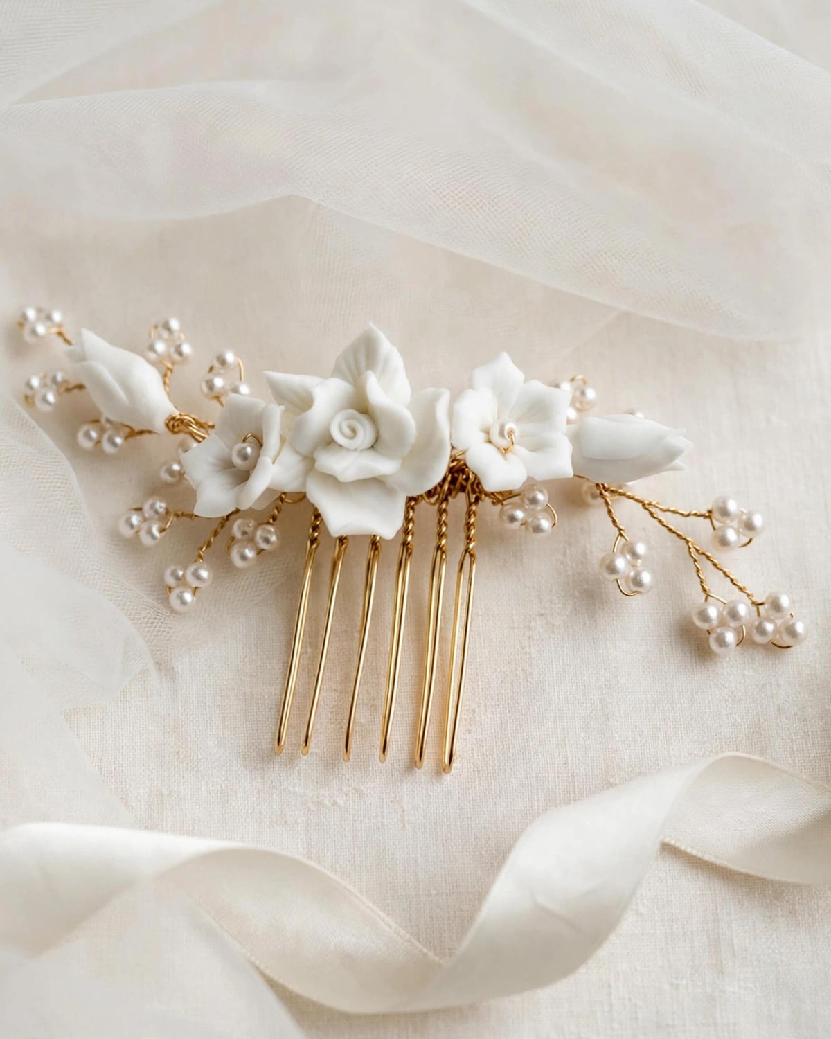 Bridal Hair Comb with Porcelain Flowers & Glass Pearls – Floral Wedding Accessory