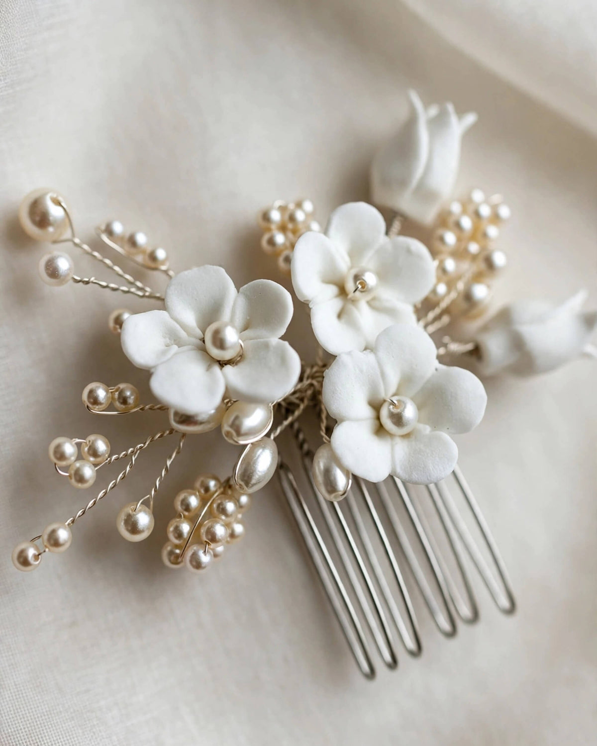 Bridal Hair Comb with Porcelain Flowers & Glass Pearls – Floral Wedding Hair Accessory