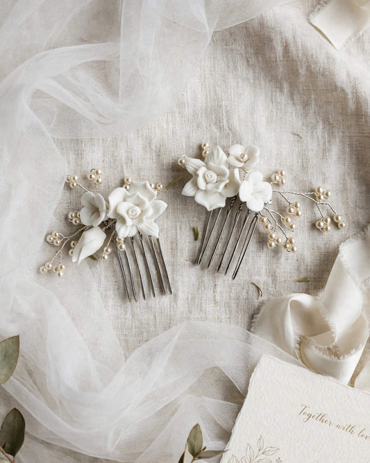 Bridal Hair Comb Set with Porcelain Flowers & Glass Pearls – Handcrafted