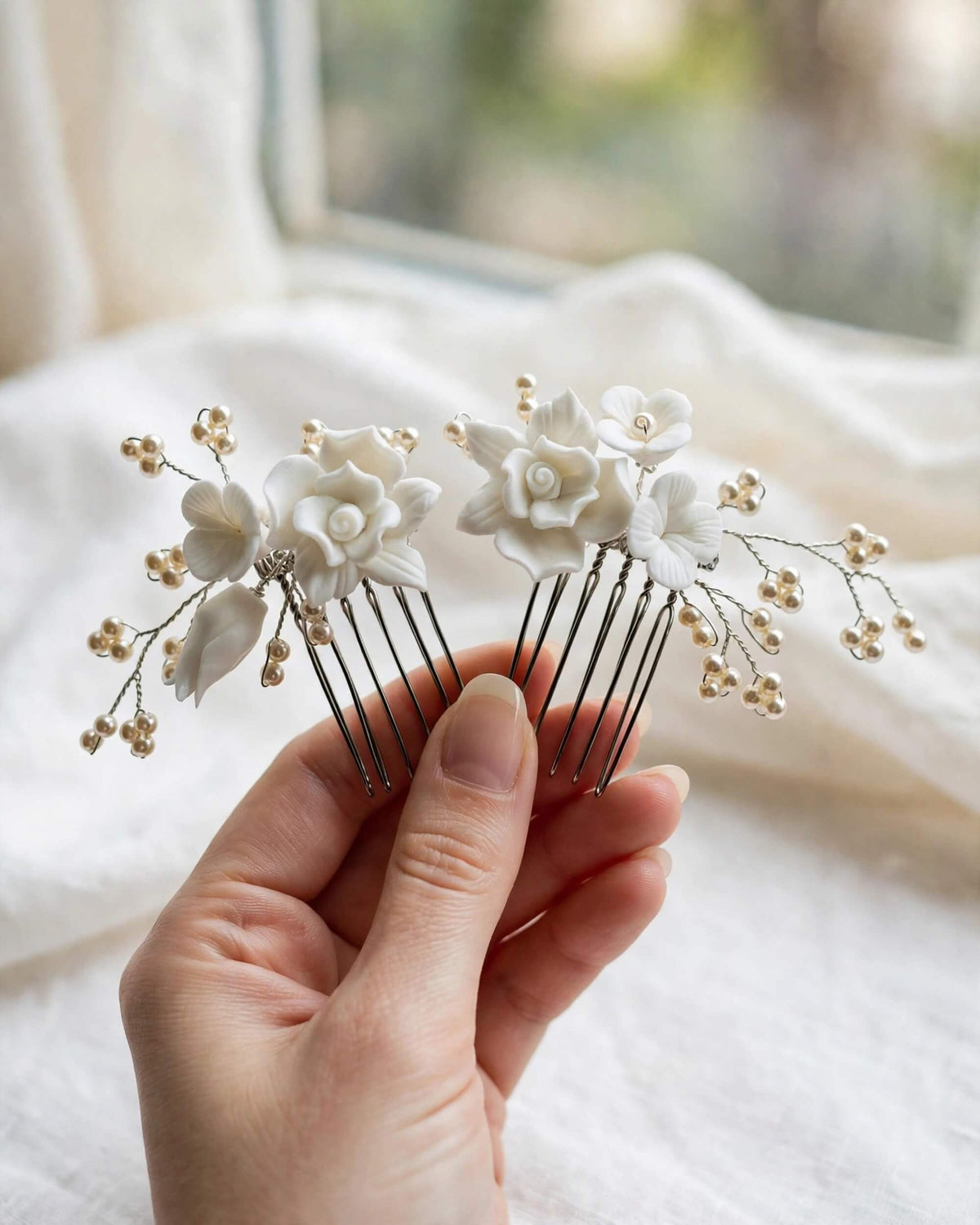 Bridal Hair Comb Set with Porcelain Flowers & Glass Pearls – Handcrafted