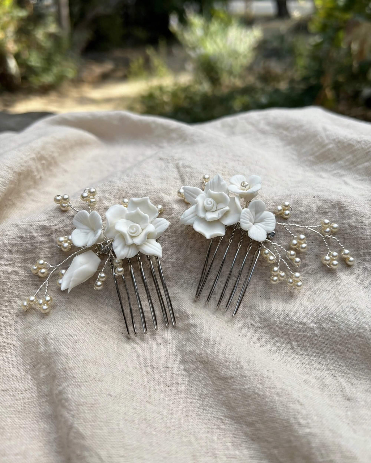 Bridal Hair Comb Set with Porcelain Flowers & Glass Pearls – Handcrafted