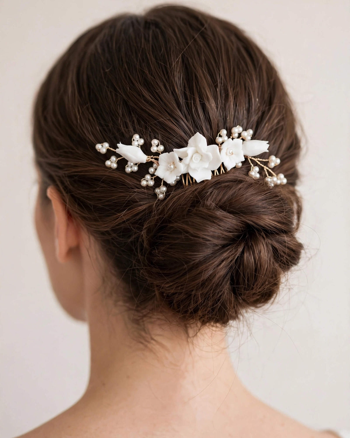 Bridal Hair Comb with Porcelain Flowers & Glass Pearls – Floral Wedding Accessory