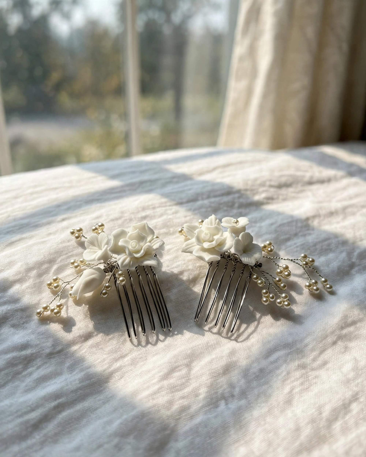 Bridal Hair Comb Set with Porcelain Flowers & Glass Pearls – Handcrafted
