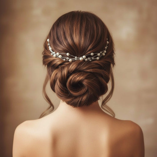 Detail shot of the fine strands and evenly spaced pearls on the hairvine.