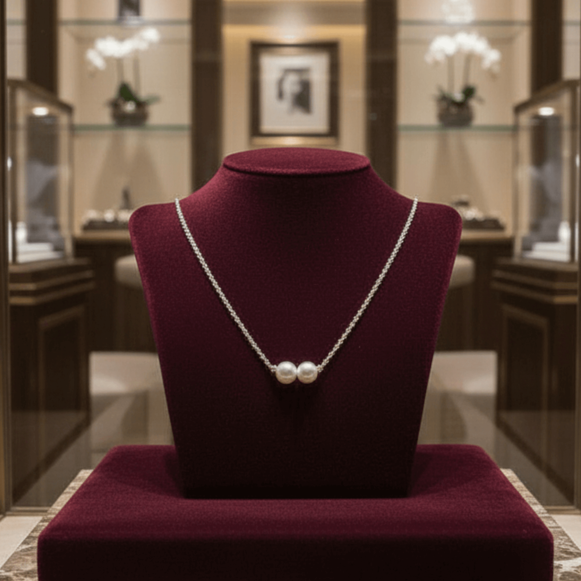 Pearl necklace on a mannequin bust in a jewelry store setting