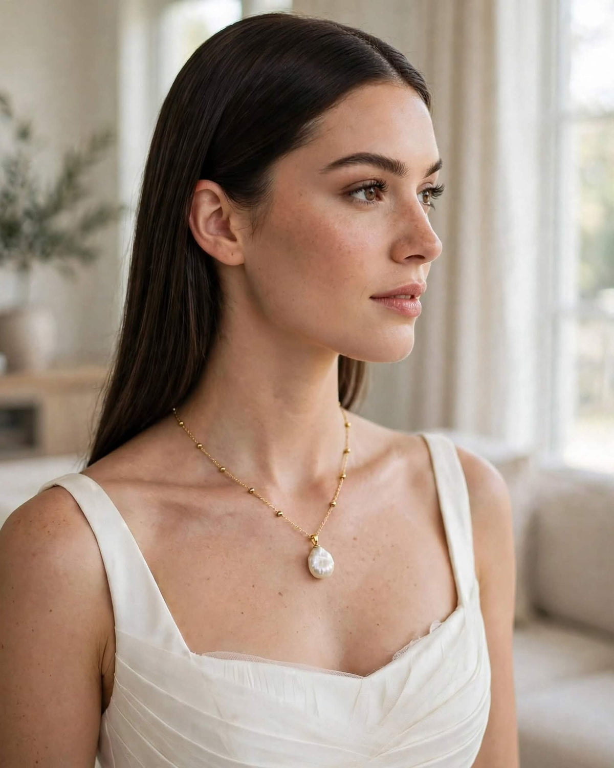 A woman with long dark hair wearing a white sleeveless top and a delicate gold necklace with a large white pearl pendant, posed in a bright, softly lit indoor setting.