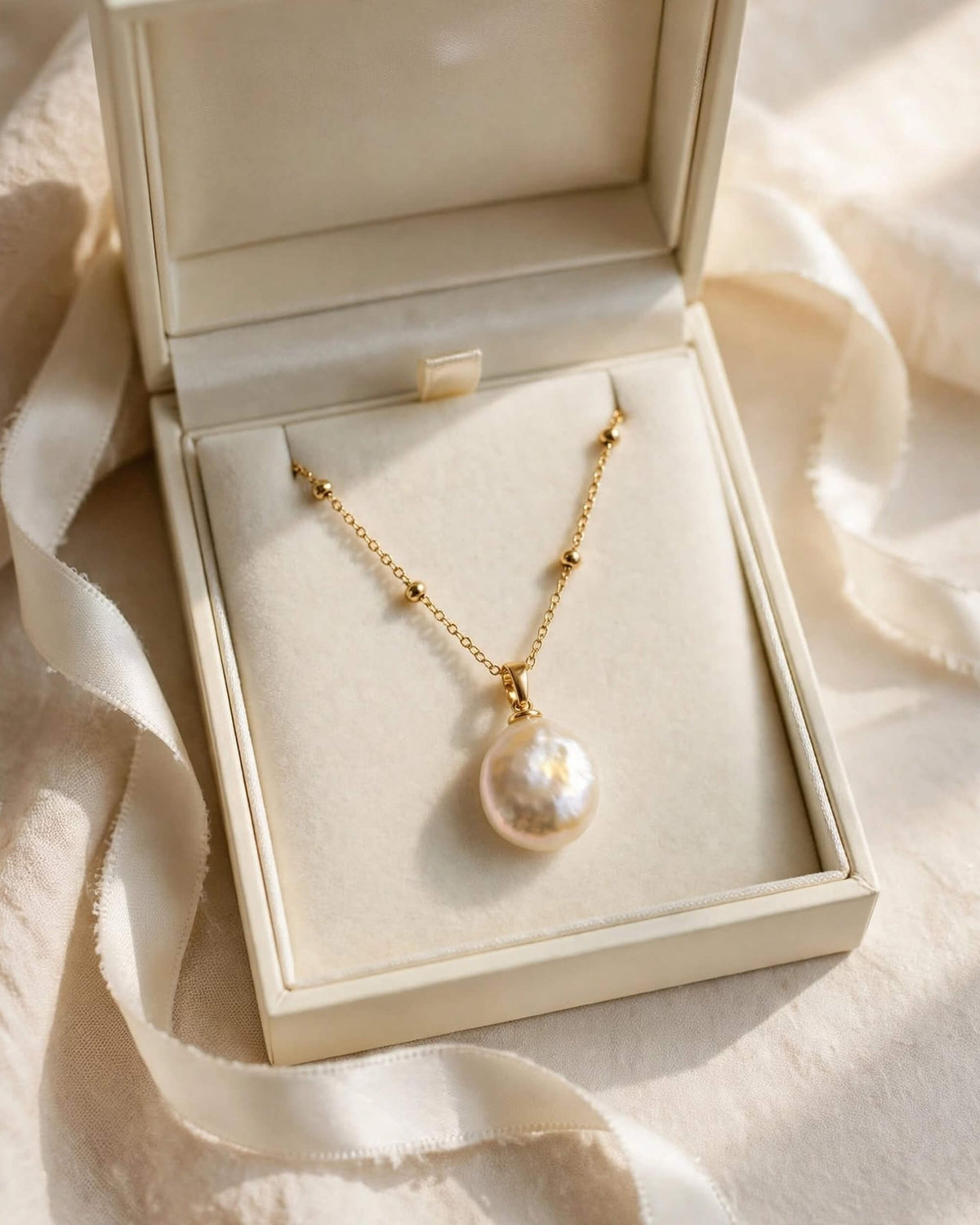 A gold necklace with a large, lustrous irregular pearl pendant, presented in an open cream-colored jewelry box on draped cream satin fabric.