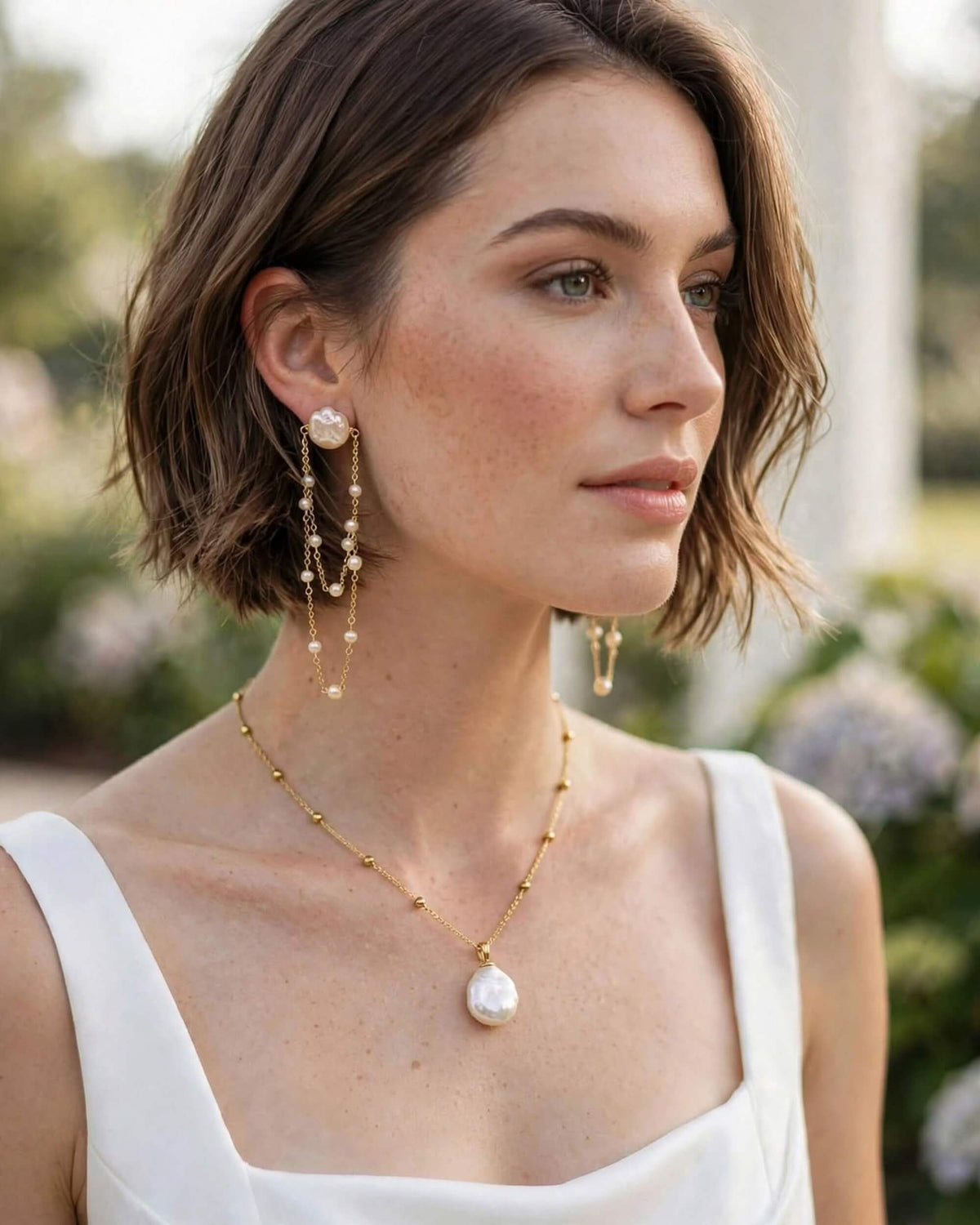 bridal-pearl-coin-necklace-gold-set-bride-bob-hair-garden-flowers-