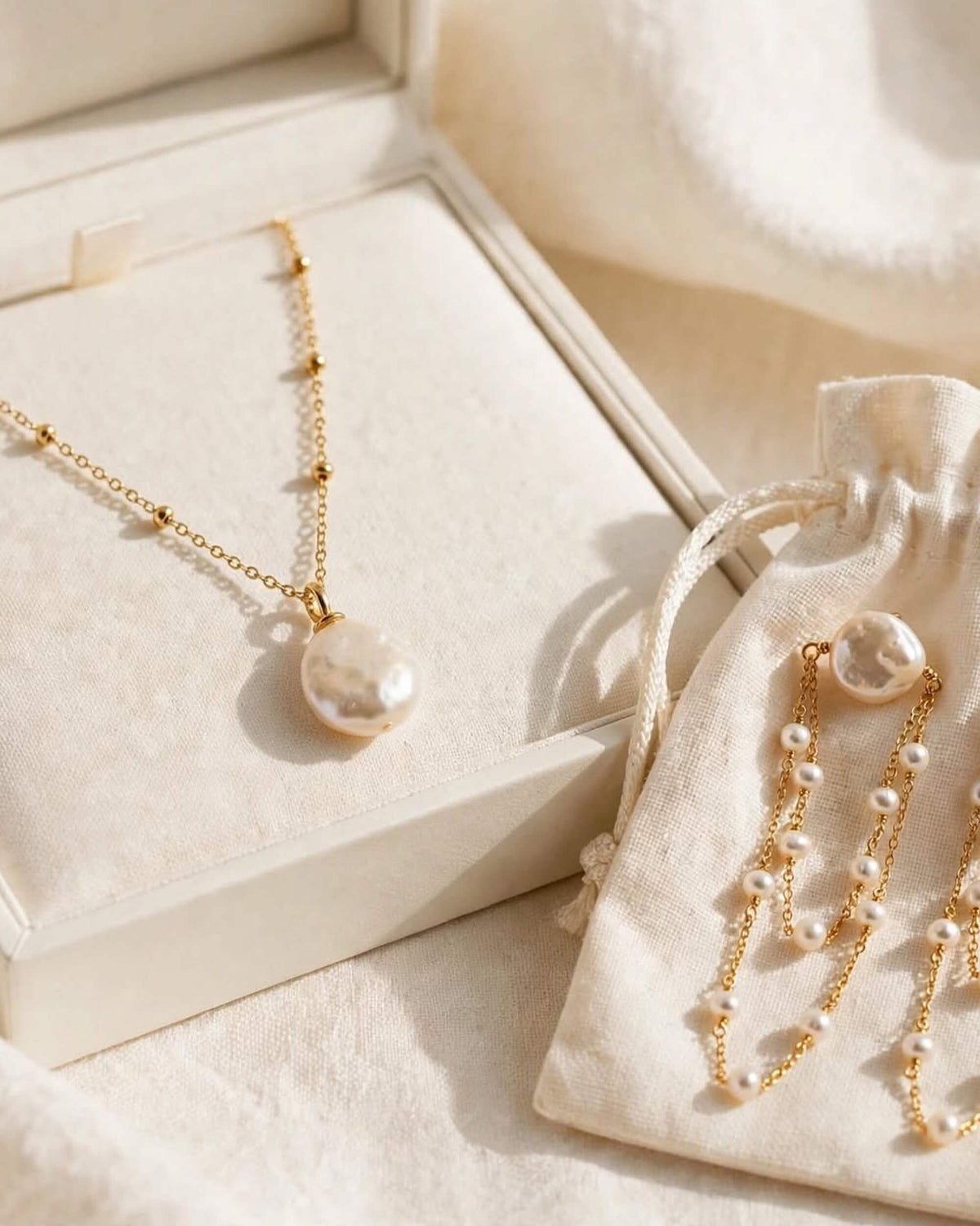 A gold necklace with a large irregular white pearl pendant displayed in a cream jewelry box, alongside a matching cream drawstring pouch containing additional pearl-bead chains.
