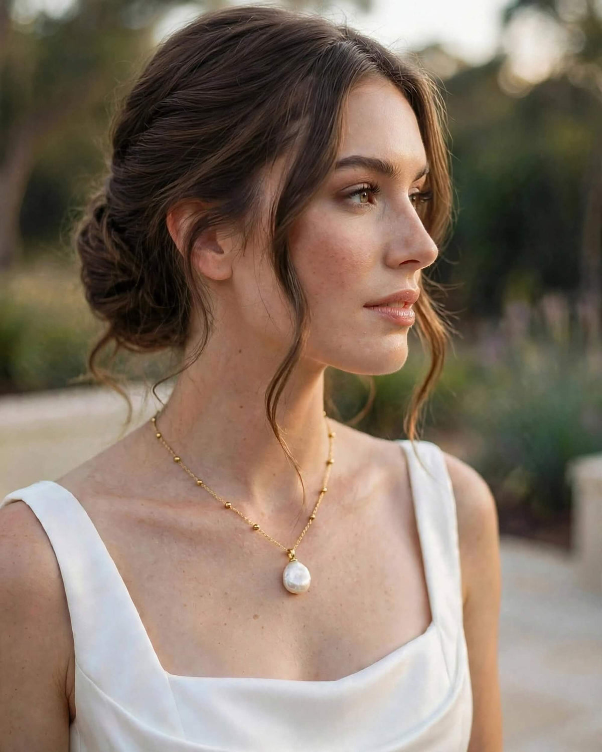 A woman in a white sleeveless top wearing a delicate gold necklace with a large white pearl pendant, photographed outdoors in warm natural light.