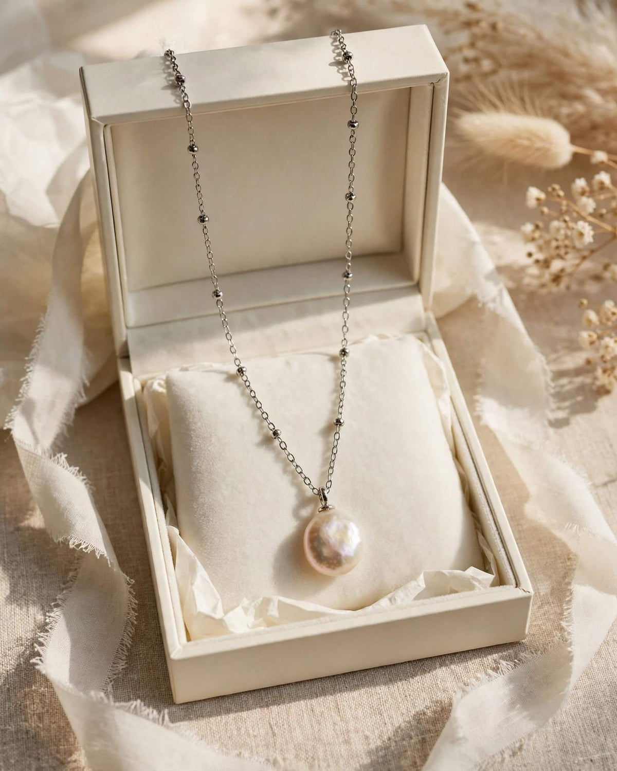 A silver beaded chain necklace with a large, lustrous iridescent pearl pendant, displayed inside an open cream-colored jewelry box on a cream fabric background with dried flowers.