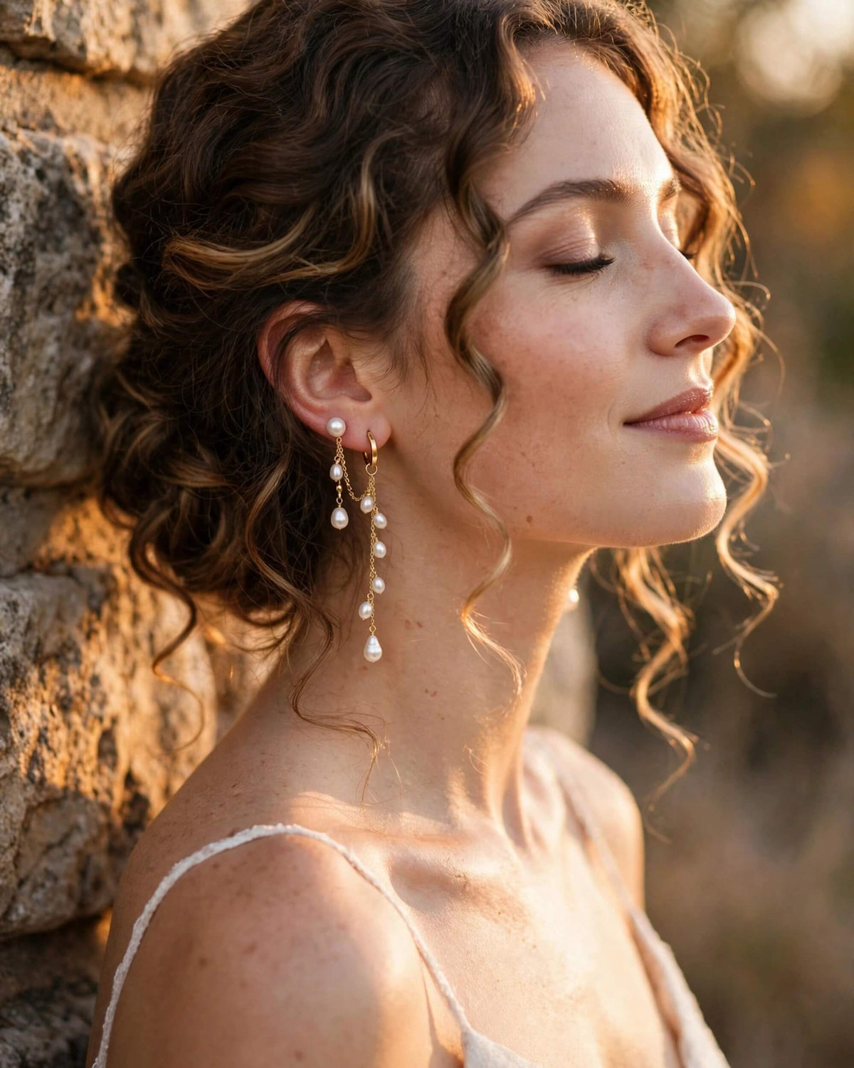A woman with closed eyes wearing long pearl drop earrings, photographed outdoors against a stone wall in warm golden-hour light.
