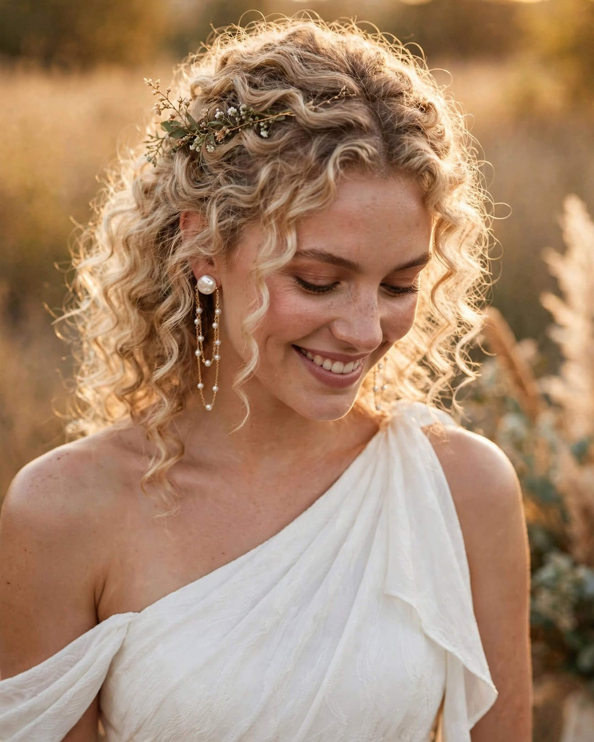 Bride wearing delicate pearl drop earrings with a graceful silhouette